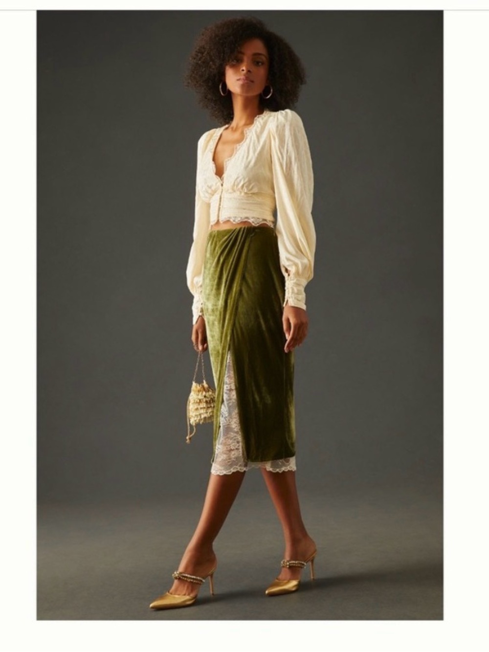 Anthropologie Olive Velvet Midi Skirt with Lace Inset